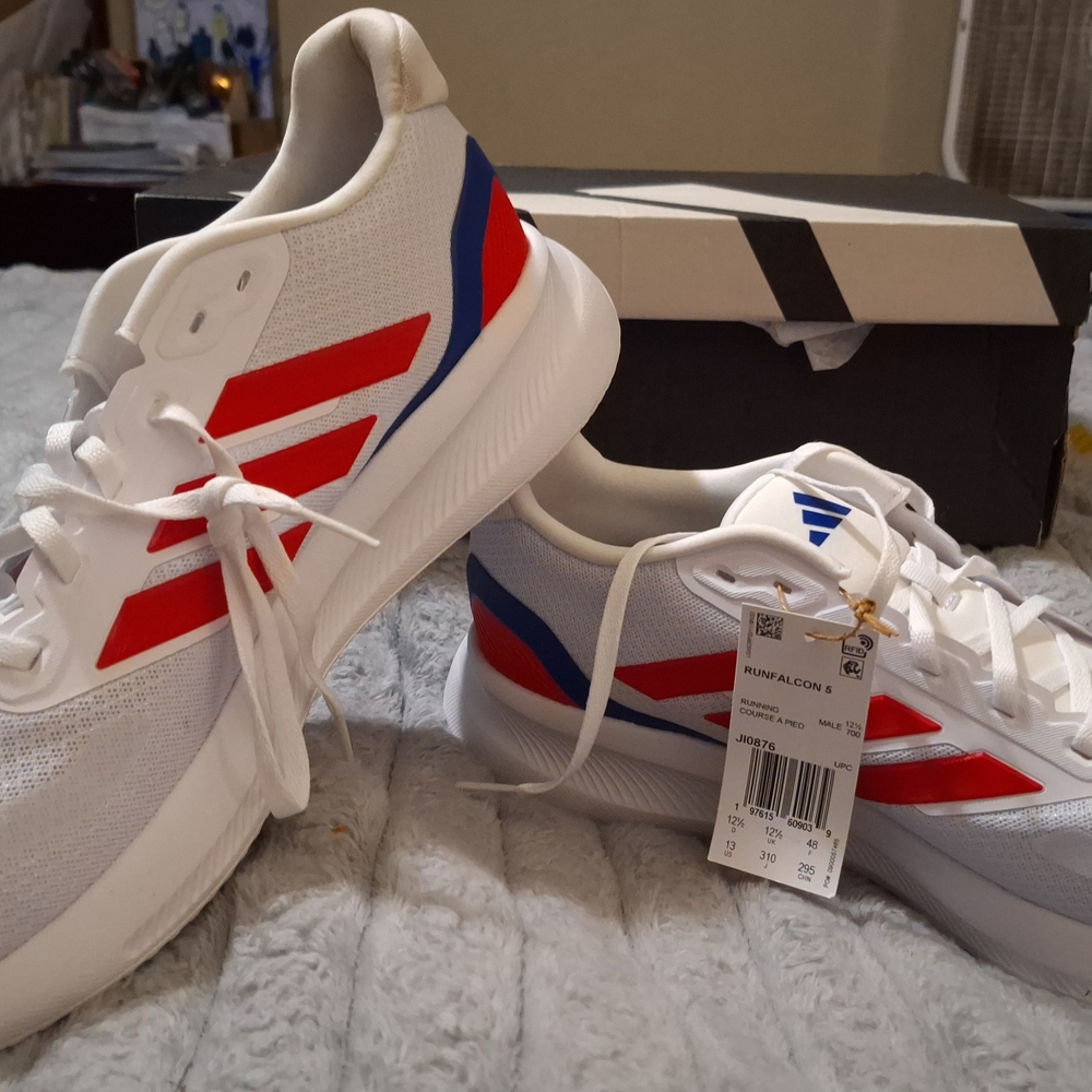 Adidas White Running Sneakers with Red & Blue Stripes